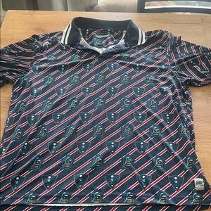 Stylish Navy Polo Shirt with Red and White Stripes Golf Club design